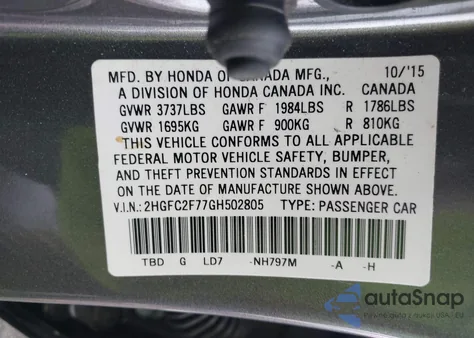 2016 Honda Civic Ex из США, поврежденный, VIN 2HGFC2F77GH502805